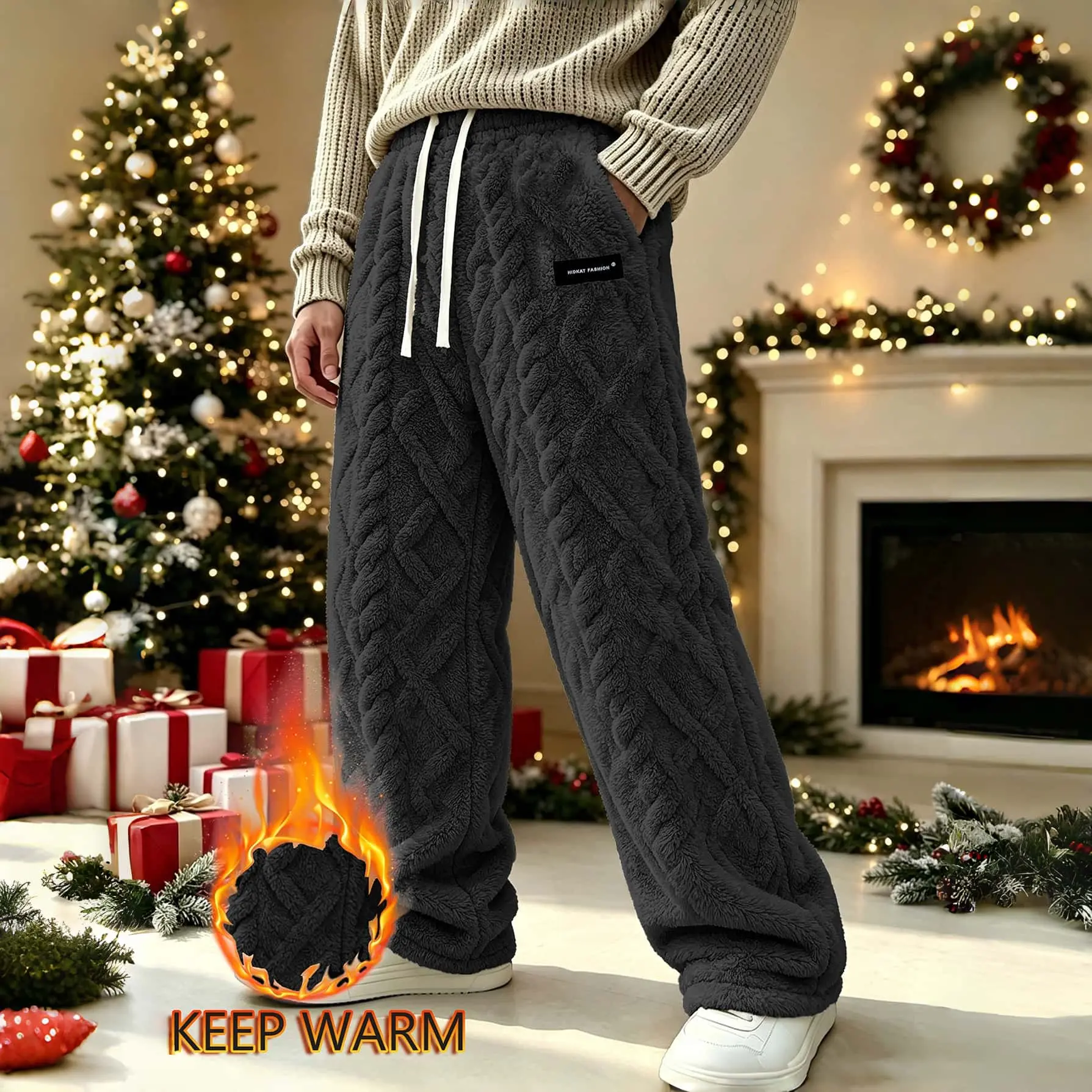 Women's rope patterned wide leg pants, super warm fluffy drawstring sports pants with side pockets, warm and comfortable casual pants, winter Christmas holiday indoor casual daily wear, standard regular size