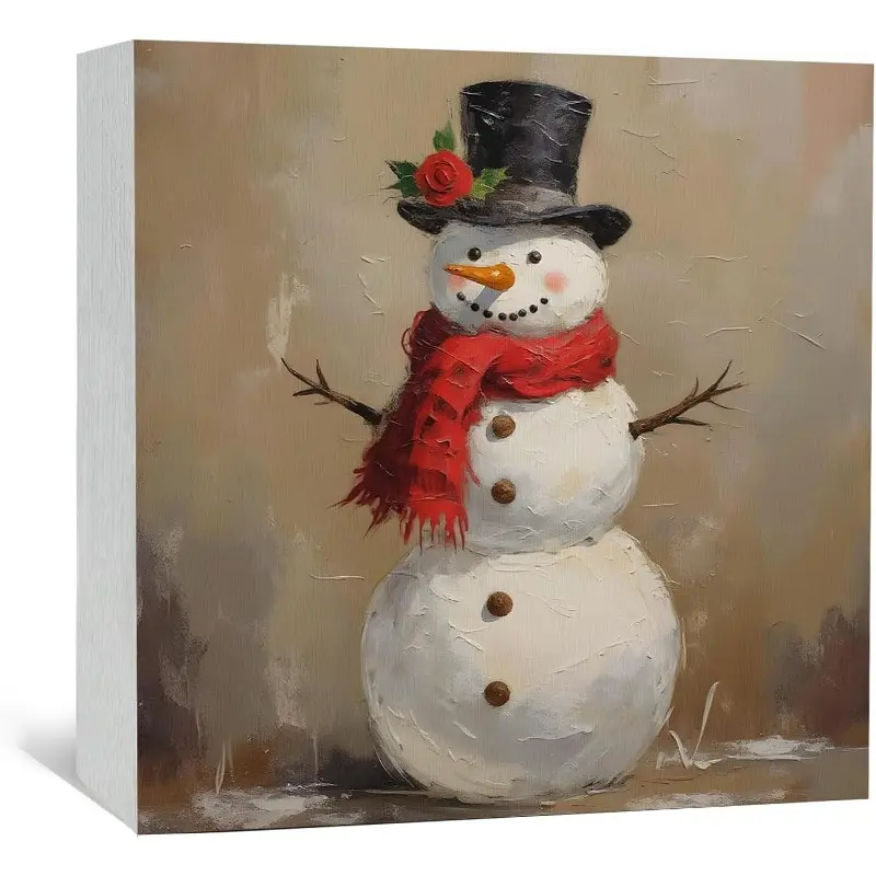 Vintage Winter Snowman Christmas Sign, Dark Academia Moody Snowman Wooden Box Signs, Vintage Winter Wood Sign Decor for Home Kitchen Bathroom Bedroom 5x5 inch