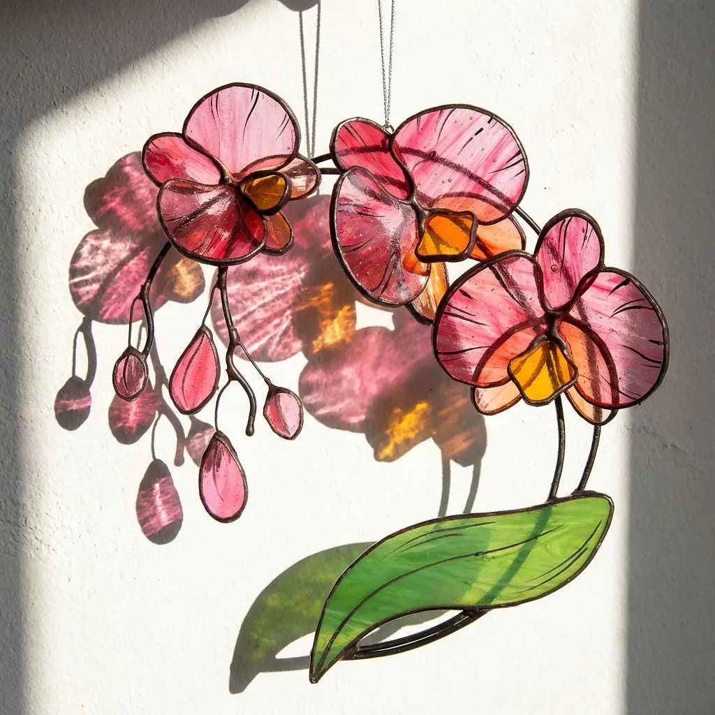 Pink Red Orchid Window Decor, Acrylic Floral Suncatcher