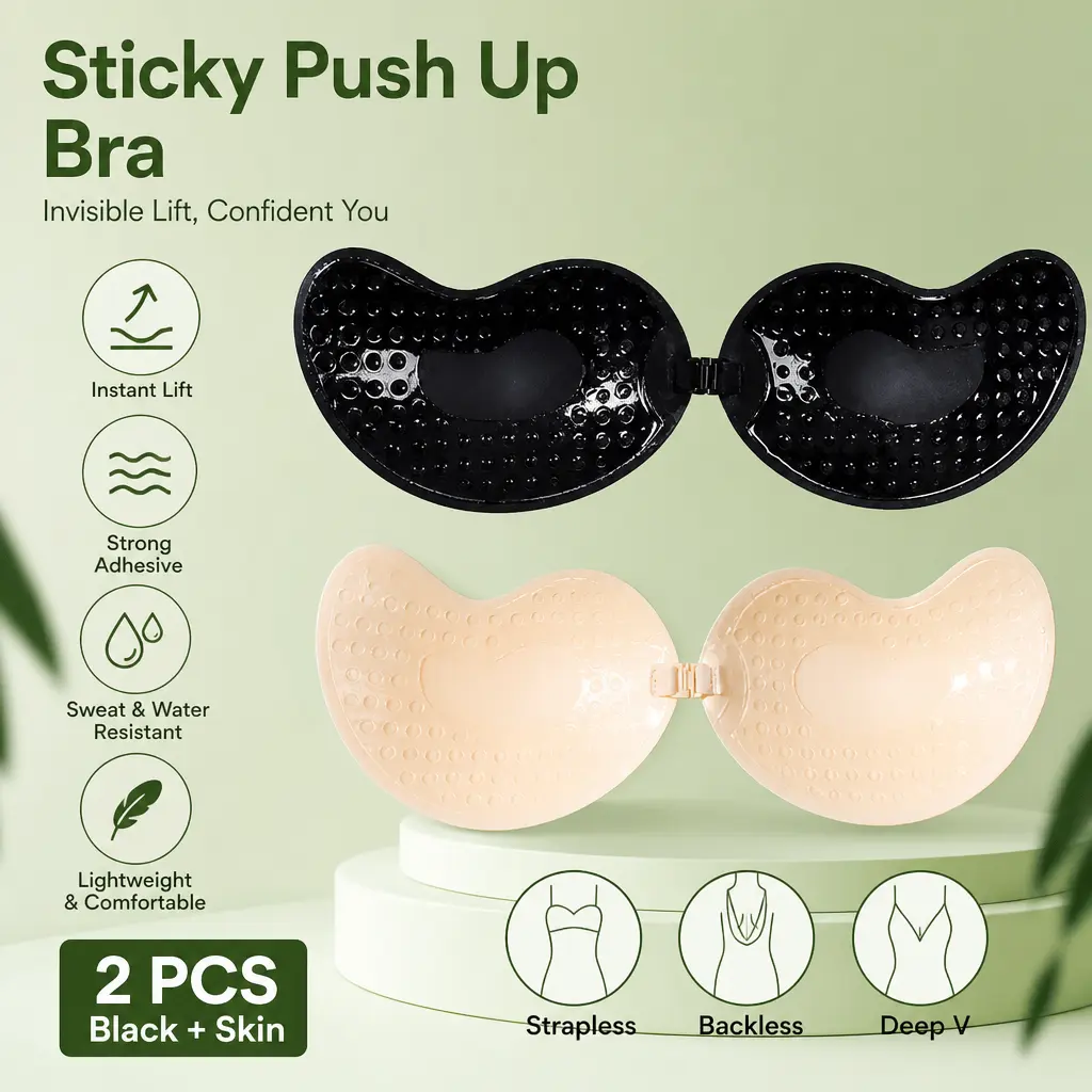 Women’s Basic Minimalist Sticky Push-Up Bra - Adhesive Strapless Seamless Half-Cup Bralette with Front Closure, Lady’s Solid-Color Underwear for Backless, Shoulder-Baring Outfits