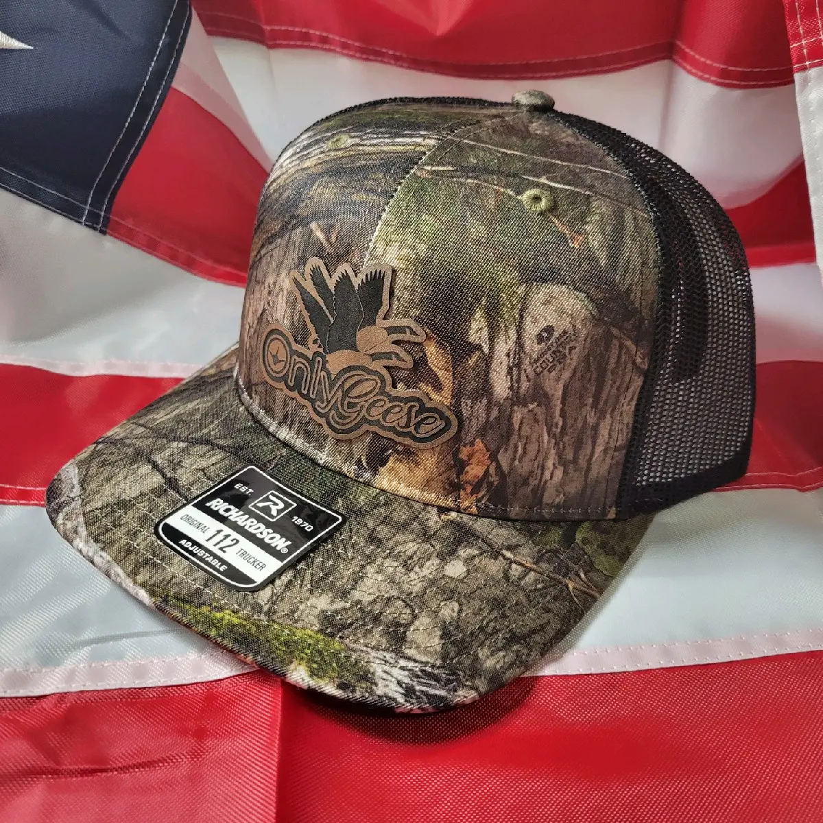 ONLYGEESE Hilarious Print Duck Hunting Camo Hat - Richardson 112 Mossy Oak OSFM Adjustable Design, Outdoor Adventure Accessory for OnlyFans Enthusiasts, Onlygeeese