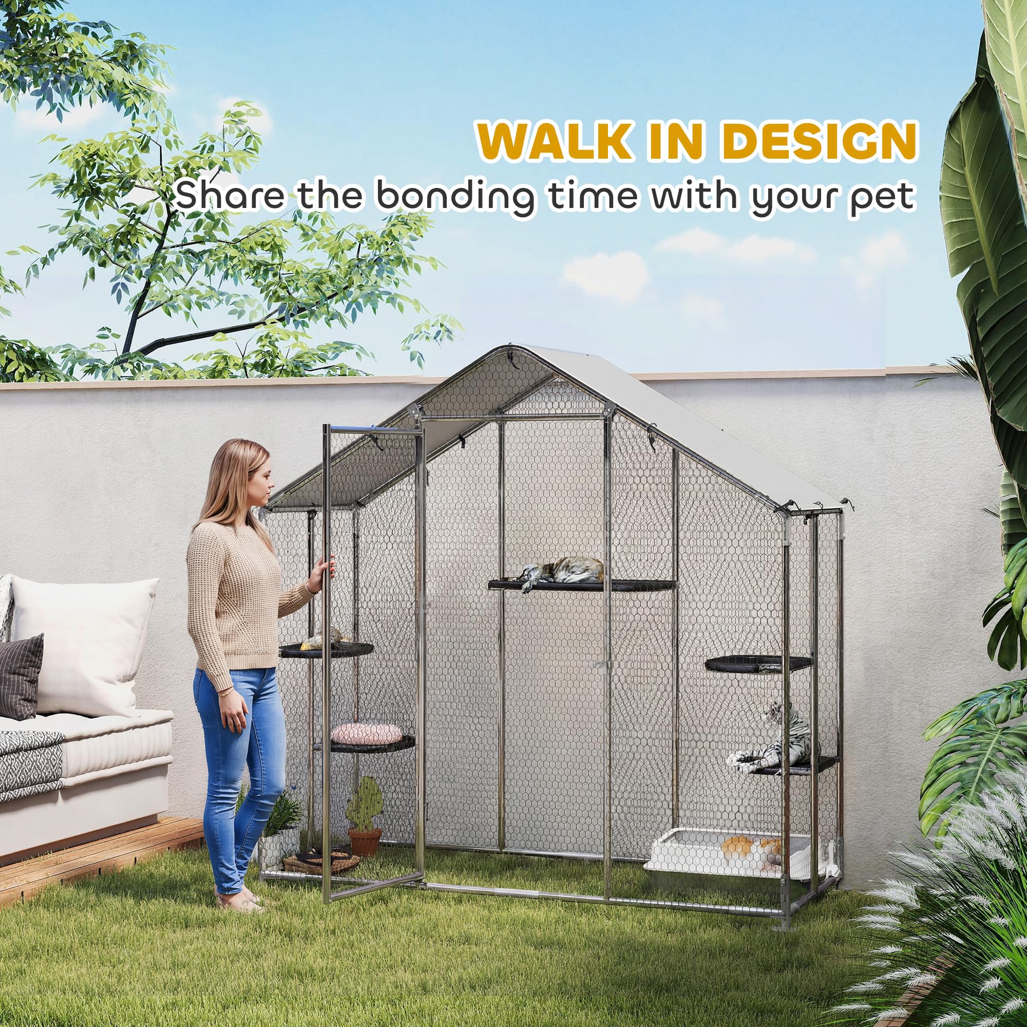 Large Catio Outdoor Cat Enclosure, Galvanized Steel Walk-in Cat Patio for Multiple Kittens, Outdoor Kitty Cage with Waterproof Cover, 5 Adjustable Platforms, Hammock, Chicken Coop Pointed Roof Large Catio Outdoor Cat Enclosure, Galvanized Steel Walk-in Cat Patio for Multiple Kittens, Outdoor Kitty Cage with Waterproof Cover, 5 Adjustable Platforms, Hammock, Chicken Coop Pointed Roof