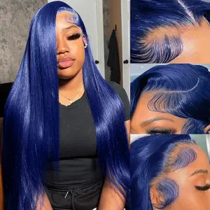 URUNIK Hair Blue Wig Human Hair 13x4 Straight Lace Front Wigs Human Hair Glueless Hd Transparent Lace Front Wigs Human Hair for Women 180% Density Dark Blue Wig 30 Inch