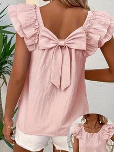 women's solid bow back blouse, casual flounce sleeve top for summer, fashion women's top for daily wear, womenswear, soft layered sleeve frill top women, elegant classy tops, fashion fitted casual top