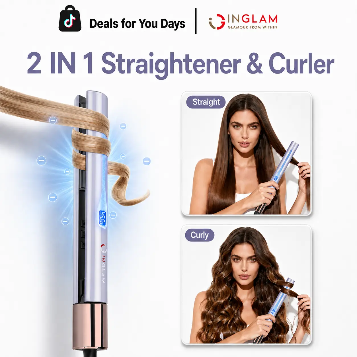 INGLAM  2-in-1 Hair Straightener and Curler, Professional Flat Iron & Straightening Curling Ironfor All Hair Types, Dual Voltage, 11 Adjustable Temp Settings,450°F, 20S Fast Heating & Auto Shut-Off,#SummerVibes Hair Tools, How To Curl Hair