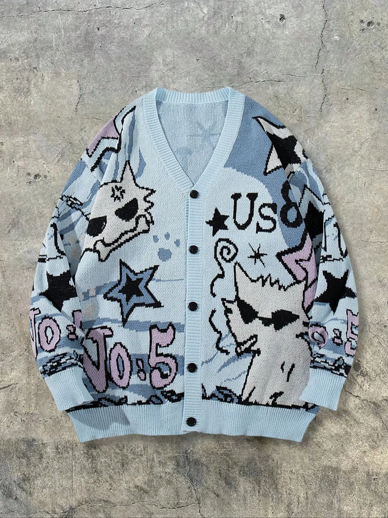 Men's Casual Long Sleeve Knitwear Knit Cardigan, Abstract Button Fun Cat Letter Pattern, Spring Autumn Winter Fashion, Street Punk Style