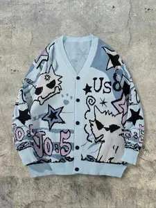 Men's Casual Long Sleeve Knitwear Knit Cardigan, Abstract Button Fun Cat Letter Pattern, Spring Autumn Winter Fashion, Street Punk Style
