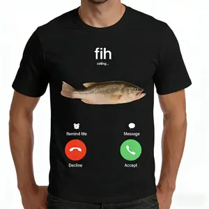 Fish Calling Phone Call Screen T-Shirt, Unisex Sarcastic Fishing Graphic Tee, Novelty Decline Accept Message Short Sleeve Apparel for Men and Women, Aesthetic Angler Fashion Top, Humor Outdoor Streetwear Shirt