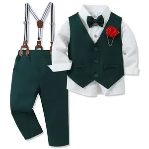 Toddler Boy Suit Formal Dress Shirt+Bowtie+Vest+Boutonniere+Suspender Pants 4PCS Baby Boys Gentleman Outfits Set Church Party Cute Clothes Set