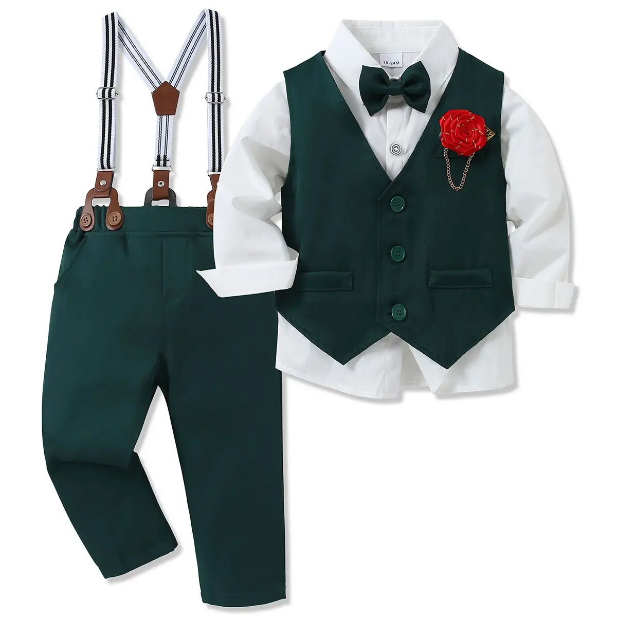 Toddler Boy Clothes Suit Formal Dress Shirt+Bowtie+Vest+Boutonniere+Suspender Pants Boys Gentleman Outfits Set suspender pant