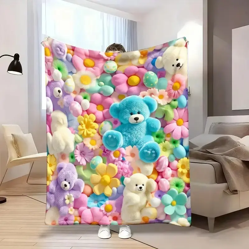 3D Teddy Pastel Floral Print Throw Blanket, Kawaii Plush Super Soft Cozy Throw for Kids, Bedroom Blanket & Gift Item, Floral Print Blanket summerwins