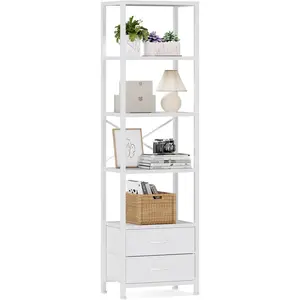 5-Tier Corner Shelf, Narrow Bookshelf with 2 Storage Drawers, Tall Bookcase,  Display Standing Shelf Organizer Unit for Living Room, Bedroom, Metal Frame(White)