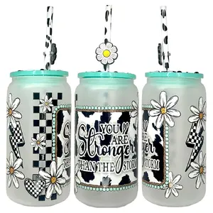 16oz Frosted Glass Tumbler with Daisy Design and Inspirational Quote You Are Stronger Than The Storm