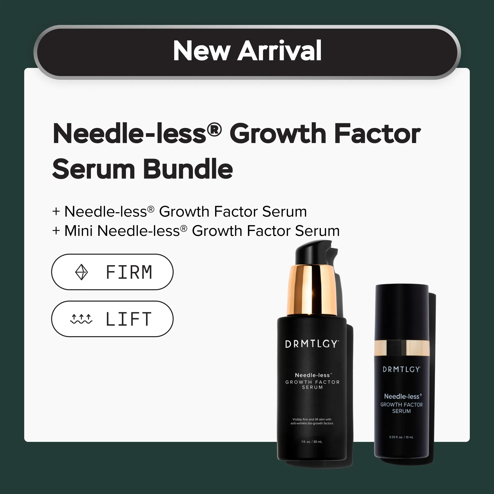 DRMTLGY Needle-less Growth Factor Serum Bundle & Save: Travel Size (0.33 fl oz) + Full Size (1 fl oz). Visibly Lifts and Firms with Vegan Growth Factors and Palmitoyl Tripeptide-5.