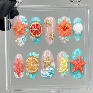 Handmade Ocean Starfish Press On Nails, 3D Shell and Coral Nail Set, Waves Texture & Pearl Accents, Nails For Fun Tropical Vibes