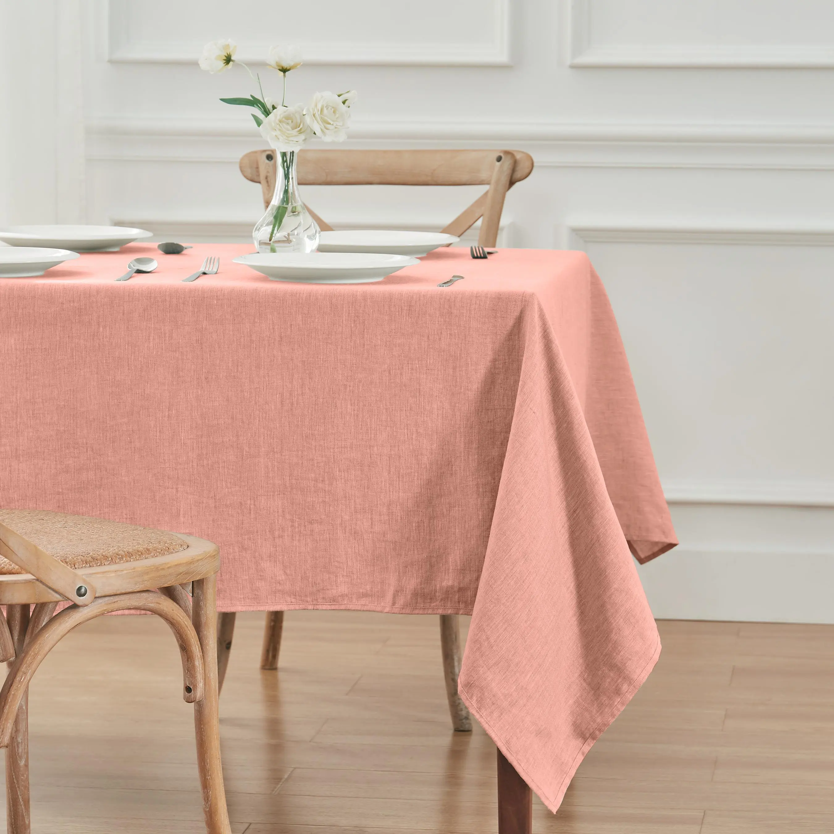 TOSMO 100% Premium French Natural Linen Rectangular Tablecloth - 108"x60", 120x60in Sizes, Fine Hemstitching, Washable, Tear-Resistant, Do Not Dry Clean, Ideal for Kitchen, Dining Use, 120 X 60 (Rectangular)