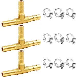 3 count 3/16" Brass Tee Barb Fittings,3 Way Union Intersection Fitting T Shape Barbed Splitter Fitting Splicer with Hose Clamps for Water  Air H-058-3/16
