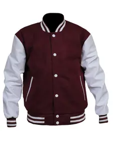 Men's Letterman Baseball Varsity Jacket Mehroon Wool Body White Leather sleeves Varsity  Jacket Casual
