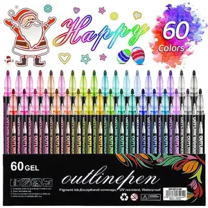 8-60 Colours Dual Line Contour Pen Dream Glitter Metal Marker Pen Fluorescent Highlighter for Art Drawing DIY Crafts with Smooth Non-Toxic Ink and Multi-Surface Use