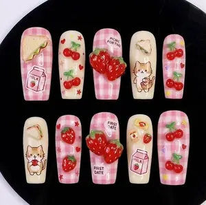 Handmade Kawaii Picnic Press On Nails, 3D Strawberry and Cherry Nail Set, Milk & Cat Art, Pink Gingham Nails For Sweet Date Vibes