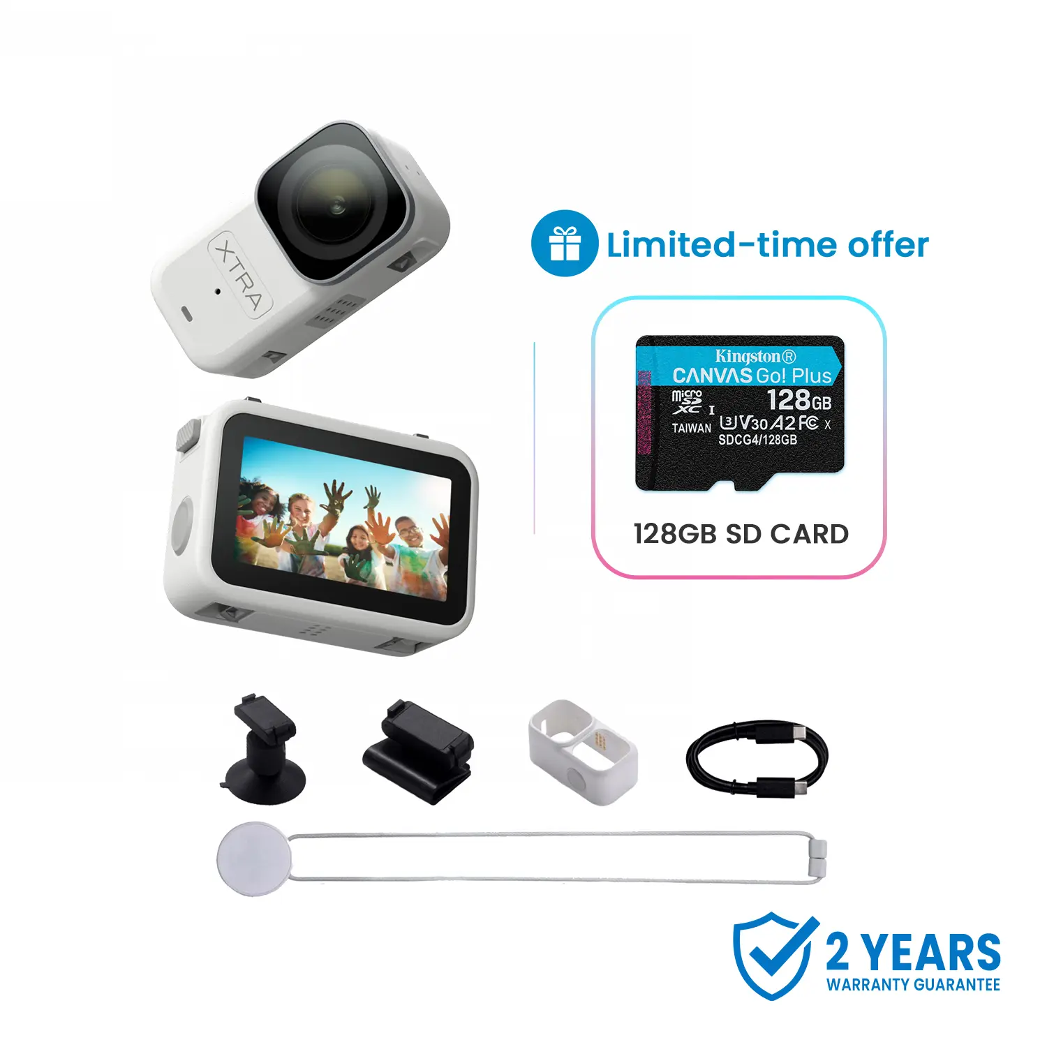 Xtra Atto Wearable 4K Action Camera, 54 g, Light and Compact, 1/1.3″ Sensor, 4K/60fps Video, 220‑Min Max Recording, 5-Min Pre-Recording, Built-in Stabilization, 128GB Storage, 600MB/s Fast Transfer