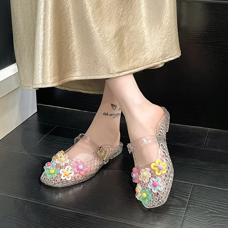 Women's PVC Upper Floral Print Jelly Crystal Slide Sandals - Basic Flat, Casual Walk Ladies Size 36-40 Summer Footwear, Slip Resistant