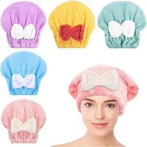 Microfiber Hair Drying Caps, 5-Pack Extra Soft and Ultra Absorbent -Drying Hair Turban Wraps, Shower Caps for Girls and Women with Cute Bowtie Design(11" L x 10" W)