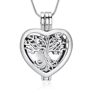 Hollowed-Out Life Tree Cremation Urn Necklace, Stainless Steel Heart-Shaped Pendant, Ashes-Holding Jewelry for Commemorating Loved Ones and Pets