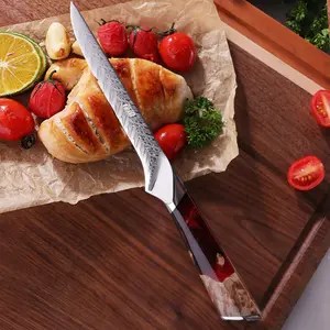 FINDKING 5.5 Inch Boning Knife, 67 Layers 10Cr15CoMoV Damascus Steel, Versatile Deboning Knife, Razor-Sharp Blade, Resin and Figured Sycamore Handle Handle, Full Tang, Nebula Series, Blue and Red ,Skinning, Removing Fat, Filleting