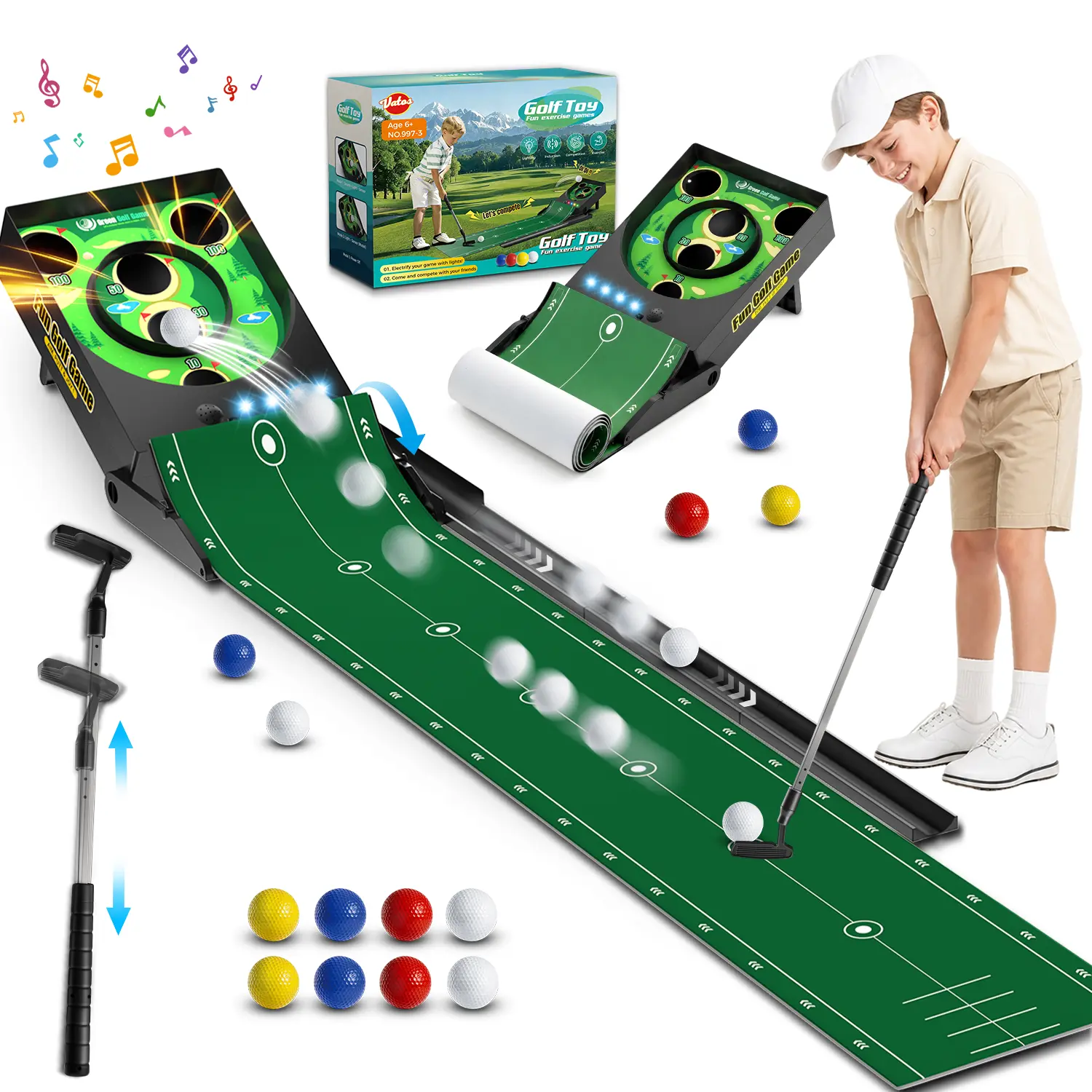 VATOS Golf Chipping & Putting Mat with Auto Ball Return, Lights & Sound, Adjustable Golf Club & 8 Balls, Indoor & Outdoor Golf Training Set for Kids & Adults, Birthday & Christmas Gift for Husband