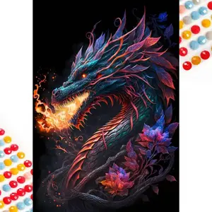5D DIY Full Diamond Round Drill Painting - Diamond Painting Kit Fire Dragon Pattern Mosaic Canvas DIY Wall Art, Home Wall Decoration