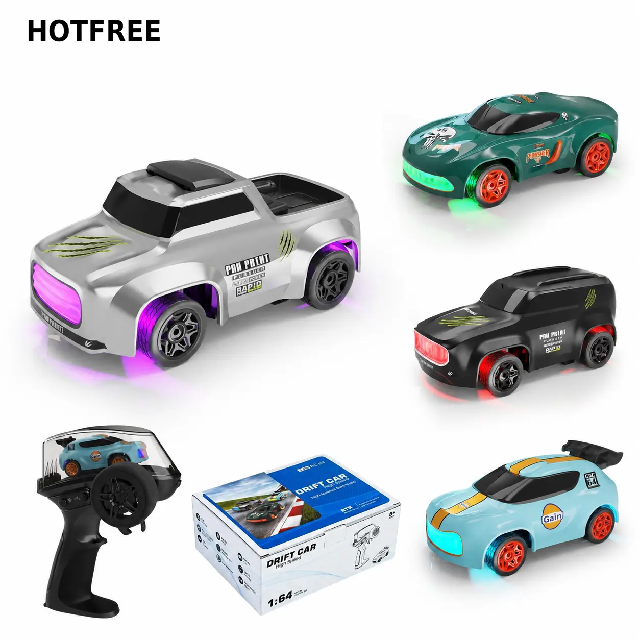 Hotfree Mini RC Drift Truck - 1/64 Scale 4WD Remote Control Car with Multi-Color LED Lights, DIY Custom Stickers, Desktop Play Function, Christmas/Birthday Gift for Boys, LED Lights Add Night Magic