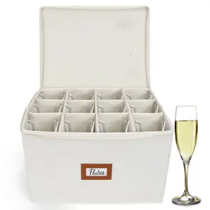 HOMELUX THEORY Champagne Flute Storage Box with Dividers Hard Shell China Containers Heavy Duty Glassware Box Stemware Container Lid Thick Surface Sturdy Handle