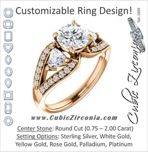 Cubic Zirconia Engagement Ring- The Karen (Customizable Enhanced 3-stone Design with Round Cut Center, Dual Trillion Accents and Wide Pavé-Split Band)