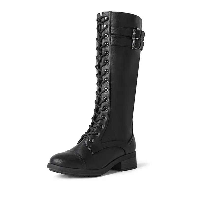 Dream Pairs Women's Knee-High Riding Boots, Classic Faux Fur-Lined Winter Lace-Up Style with Side Zipper and Buckles, Lace Up Boot