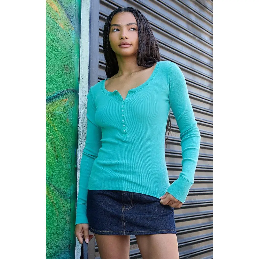 John Galt Women's Green Zelly Ribbed Long Sleeve Top