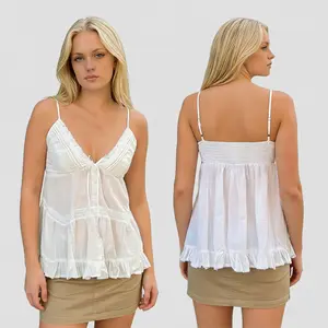 Women's Summer Camisole Button Front V-Neck Lace Ribbon Ruffled Peplum Hem Tank Tops