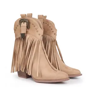 Hawkwell Women's Fringe Cowboy Cowgirl Winter Boots Snip Toe Pull On Dress Western Ankle Streetwear Booties with Stud Detailing and Fringes