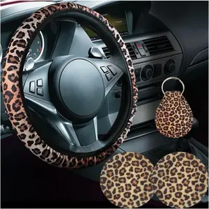 4PCS Leopard Cheetah Print Car Accessories Set, Universal 14-15 Inch Steering Wheel Cover & Quarter Keyring & 2 Cup Holder Coasters, Fashionable Car Interior Decoration for Women Men (Leopard)