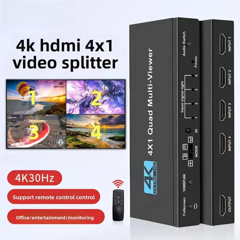 ACHAVE 4K HDMI 4x1 Switcher Quad Multi-Viewer - 4 In 1 Out Audio & Video Accessory with Stability, HDCP, IR Remote Control, 1080p@60hz, 3D Support, HDMI 1.4 Compatibility, Metal Shell, Screen Modes for Business, Smart Boxes