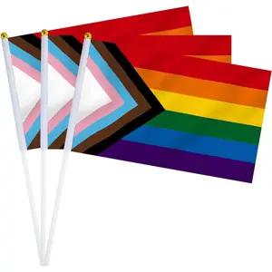 Progress Rainbow Pride Flag Decorations Hand Held Small LGBTQ Gay Lesbian Bisexual Pansexual Transgender Mini Pride Month Flags on Stick 8.2x5.5 Inch Outdoor Decor 12 Pack