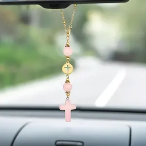Cross Crystal Hanging Car Charm | Cute Healing Stones Car Decor for Rear View Mirror, Boho Handmade Sun Catcher Ornament Accessories, Tiger Eye Crystal Protection for Women