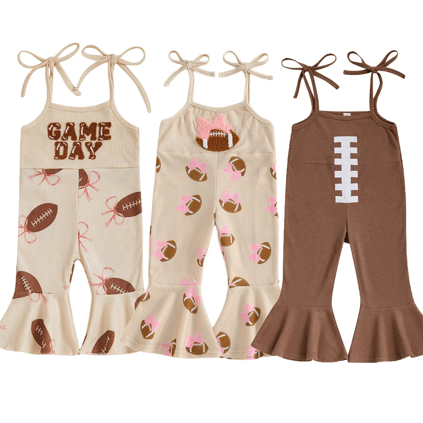 Toddler Baby Girls Football Bell Bottom Jumpsuit Game Day Embroidery Rugby Print Sleeveless Tie Up Strap Overalls Outfits