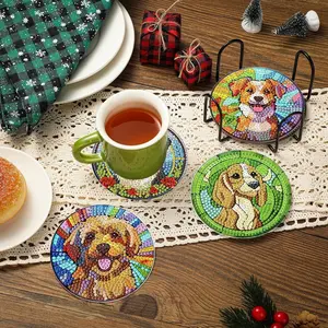 8 Piece Cute Puppy Diamond Puzzle Coasters, DIY 5D Puppy Coaster Set with Metal Stand, Non-Slip Drink Mat for Desktop Decoration