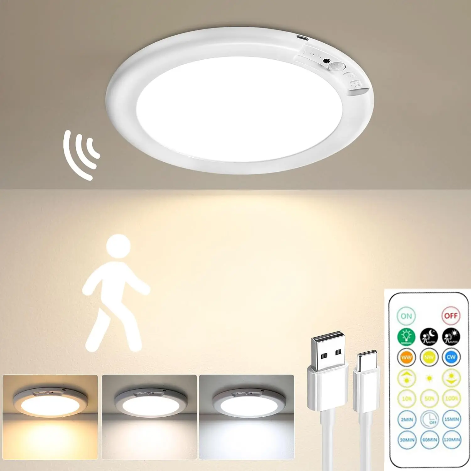 Rechargeable Motion Sensor Ceiling Light with Remote - Magnetic Wireless Ceiling Light Battery Powered for Closet Shower Stairs Shed Hallway Porch Patio ect,Suitable for various scenarios, easy to install.