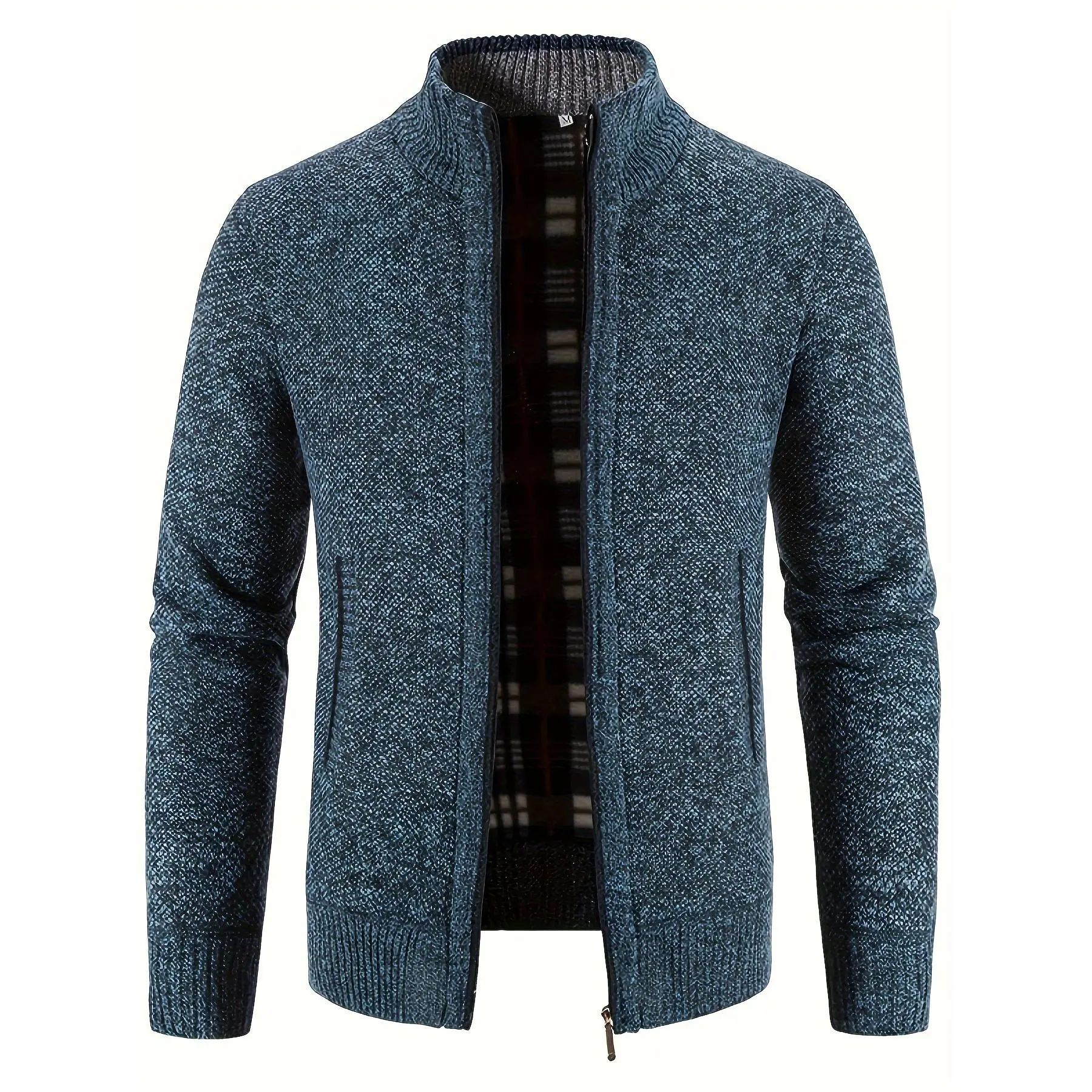 MEN'S WARM KNIT ZIPPER JACKET - High neck, full zipper, long sleeves, polyester blend, ribbed cuffs and hem - Casual fall/winter style, zipper up sweater
