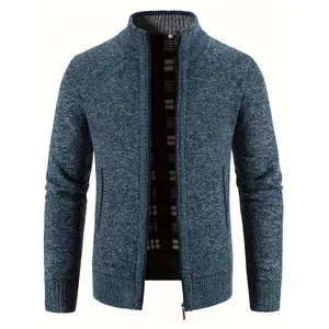 MEN'S WARM KNIT ZIPPER JACKET - High neck, full zipper, long sleeves, polyester blend, ribbed cuffs and hem - Casual fall/winter style, zipper up sweater