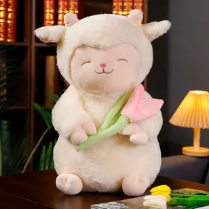 Super Soft Plush Lamb Toy with Tulip Flower, Cute and Comfortable Gift for Kids and Collectors, Perfect Baby Room Decor for Baptism and Special Occasions