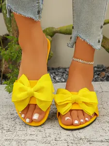 Bestselling Multi-Color Bow Flat Sandals, Boho Style Solid Pattern, PU Upper Rubber Sole, Less Than Ankle Height, Comfortable Casual Footwear, Bowknot Design Sandals