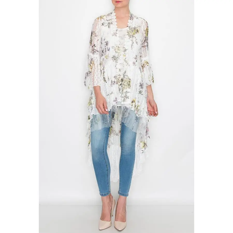 Origami Yellow Roses Print Hi Lo Kimono - Ivory